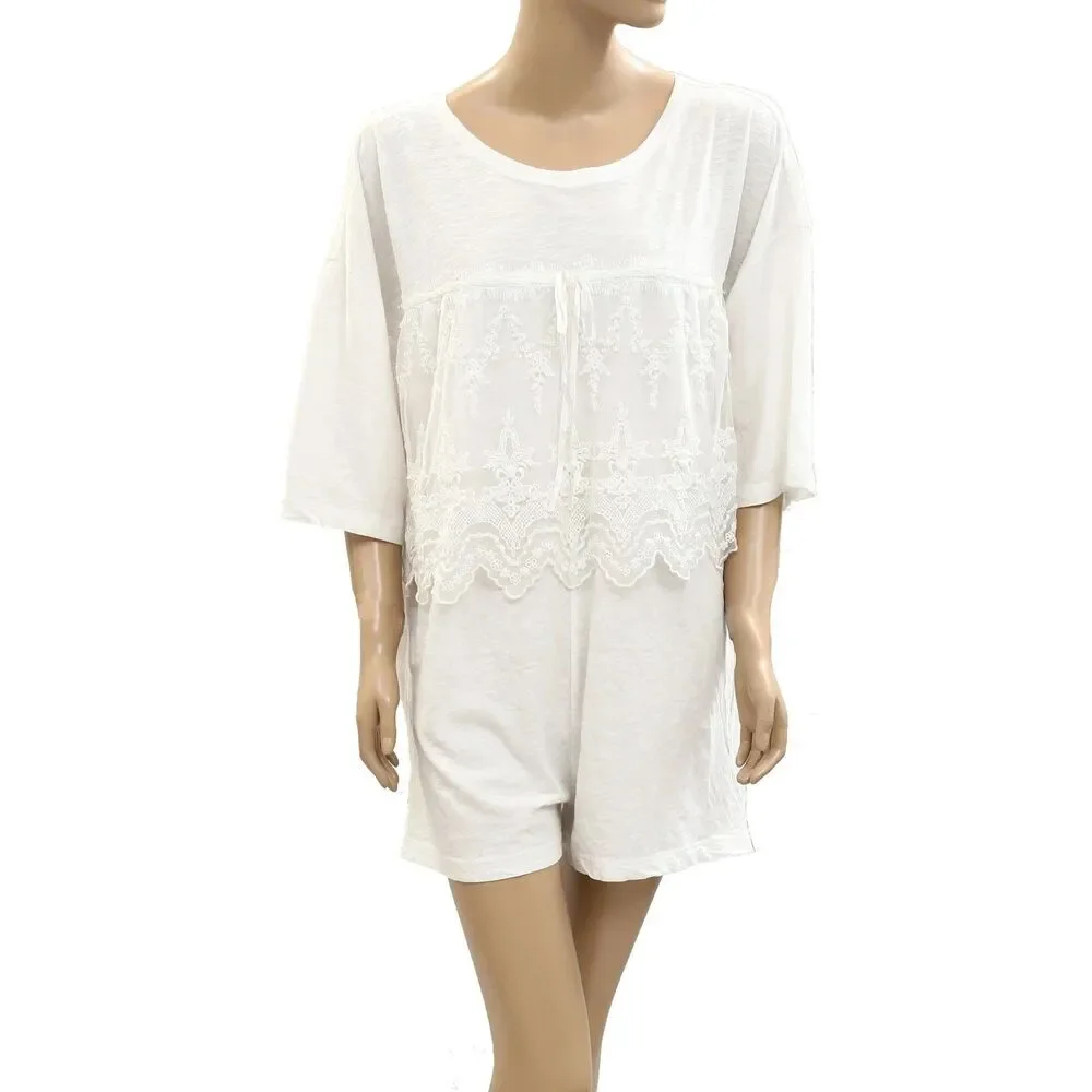 Anthropologie LyreBird Cotton Lace Twofer Romper Mesh Embroidered Solid S 284373